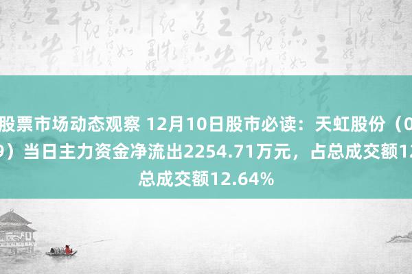 股票市场动态观察 12月10日股市必读：天虹股份（002419）当日主力资金净流出2254.71万元，占总成交额12.64%