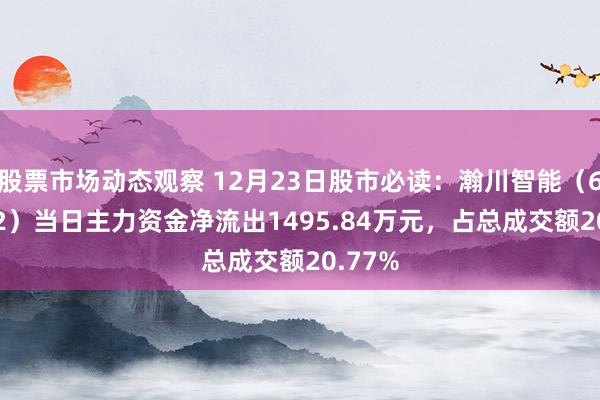 股票市场动态观察 12月23日股市必读：瀚川智能（688022）当日主力资金净流出1495.84万元，占总成交额20.77%