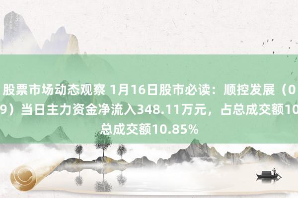 股票市场动态观察 1月16日股市必读：顺控发展（003039）当日主力资金净流入348.11万元，占总成交额10.85%