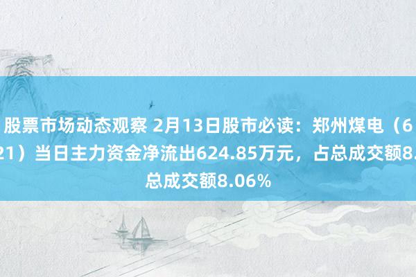 股票市场动态观察 2月13日股市必读：郑州煤电（600121）当日主力资金净流出624.85万元，占总成交额8.06%