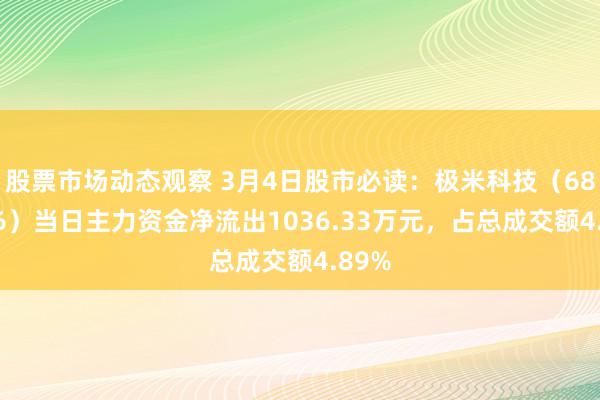 股票市场动态观察 3月4日股市必读：极米科技（688696）当日主力资金净流出1036.33万元，占总成交额4.89%